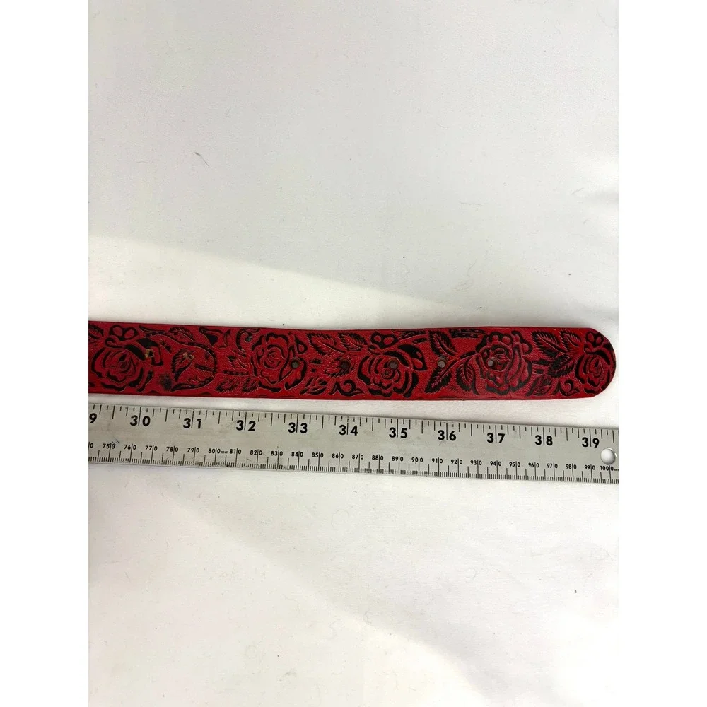 Red Floral Tooled Leather Belt Strap Only Black Rose Pattern M/L Women's Western